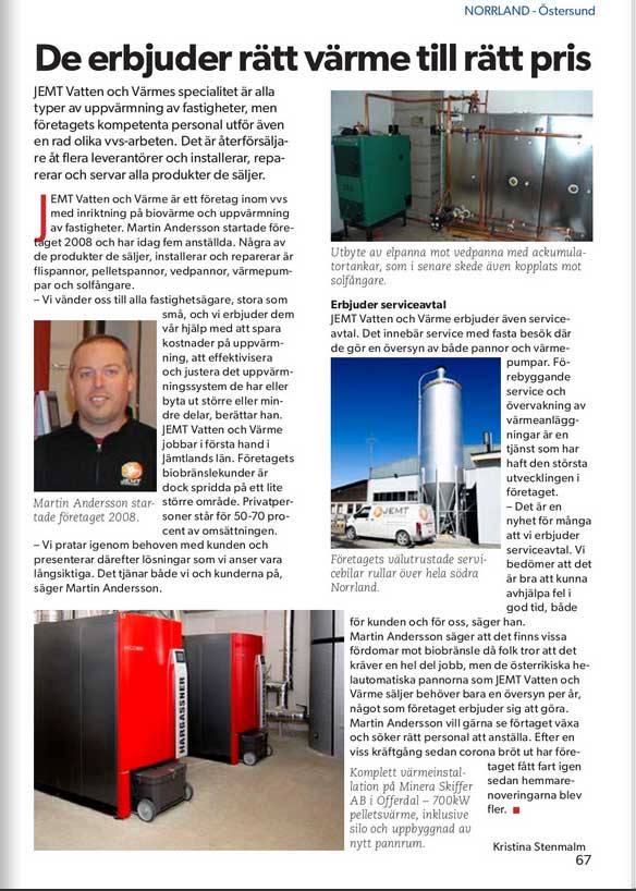 Reportage om JEMT Vatten och Värme i Bygg & Fastighet nr 1 2021